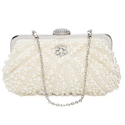 Women Pearl Clutch Bags Evening Bag Purse Handbag For Wedding Chain Bag For Dinner Party, White