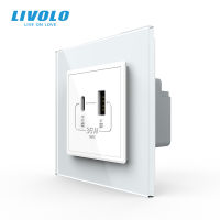 Livolo USB 36W พร้อมเต้ารับที่ชาร์จชนิด C แผงแก้วคริสตัลสีขาวปลั๊กชาร์จโทรศัพท์คอมพิวเตอร์