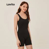 Lovito ชุดรอมเปอร์ คอลึก เบสิค สีพื้น ลำลอง L20D396 (สีดำ)