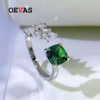 OEVAS 100 925 Sterling Silver 7*7mm Emerald High Carbon Diamond Resizable Rings For Women Sparkling Wedding Party Fine Jewelry