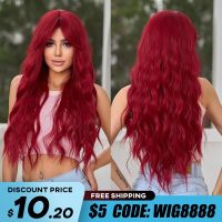 oneNonly Long Red Wig with Bangs Wave Synthetic Wigs for Women Halloween Party Cosplay Natural Heat Resistant Hair Wig  Hair Extensions Pads