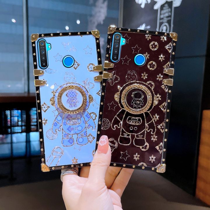 jiefie-เคสโทรศัพท์สำหรับ-realme-5-5i-6i-7i-9i-5s-5-pro-6-6-pro-7-7-pro-9-pro-creative-นักบินอวกาศดอกไม้-colorblock-case-หรูหรา-chrome-ฝาครอบโทรศัพท์-tpu-นุ่มเงา-ขาตั้งแหวน