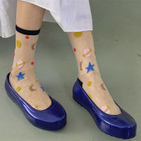 Novelty Moon Star Embroidery Woman Socks Ultra-thin Transparent Summer Crystal Silk Socks Casual Fashion Harajuku Cute Socks