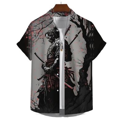 เสื้อฮาวายวินเทจสำหรับผู้ชายเสื้อผ้าเสื้อยืดฮาราจุกุแขนสั้นลำลองพิมพ์ลายซามูไรญี่ปุ่น3d เสื้อเชิ้ตทรงโคร่ง