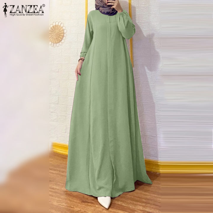 สินค้ามาใหม่-จัดส่งฟรี-fancystyle-zanzea-ชุดเดรสมุสลิมผู้หญิง-ชุดเดรสยาวสีพื้นแขนพองลำลอง