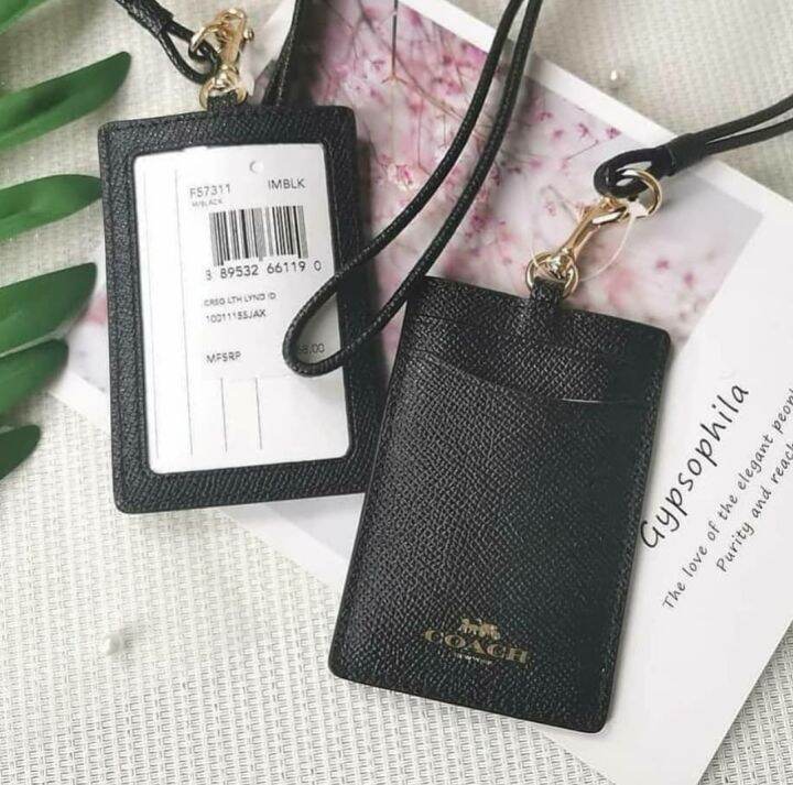 Original Coach Id Lanyard In Plain Crossgrain Leather F57311 Black