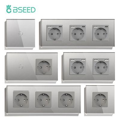 BSEED Touch Switch With EU Power Wall Socket Gray Led Wall Light Switches 1/2/3Gang 1Way Crystal Glass Panel Dark Blue Backlight