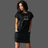 Women Round Neck Above Knee Dress Casual Sexy Mini Pocket Dresses for Ladies Fashion Summer Short Sleeve Printed Long T-shirt