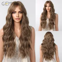 GEMMA Light Golden Brown Wig with Bangs Long Wavy Synthetic Hair Wig Natural Wave Cosplay Wigs for Women Party Heat Resistant Wig  Hair Extensions Pad