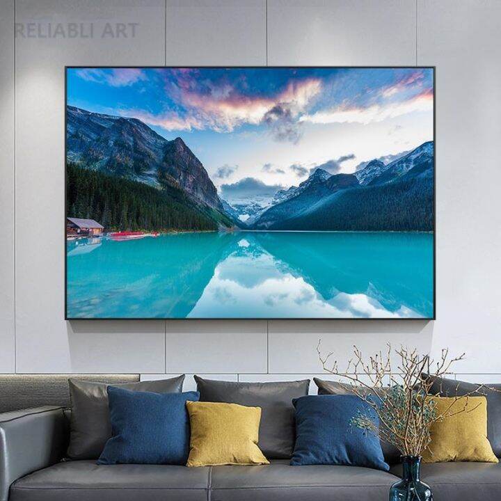 modern-sunset-lake-louise-rocky-mountains-ภาพวาดผ้าใบ-wall-art-ภูมิทัศน์ภาพผนังธรรมชาติโปสเตอร์สำหรับตกแต่งห้องนั่งเล่น