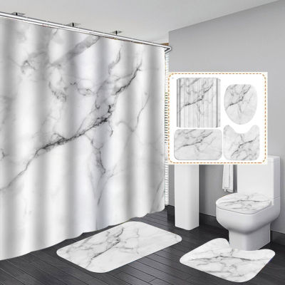 Natural Marble Printed Shower Curtain Set Machine Washable White and Gray Bath Curtain Anti-slip Bath Rugs Toilet Cover Carpets