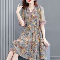 【YF】 Fashion Casual Floral Patchwork Dresses Printing Skinny Temperament Knee Skirts Summer Thin V-neck Short Sleeve Womens Clothing