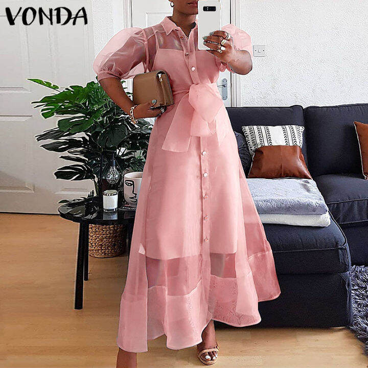 western-style-vonda-party-women-fashion-solid-color-pleated-puff-sleeve-long-maxi-dresses