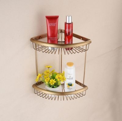 ㍿ Triangle Antique Brass Bathroom Shelf Dual Layer Shelves Wall Mounted Bathroom Accessories Basket 9908