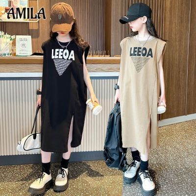 AMILA ชุดเดรสแบบเกาหลีของเด็กผู้หญิงเสื้อสวมหัวแขนกุดตัวอักษรเสื้อยืดลำลองผ่ากระโปรงทรงเอแบบหลวม