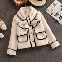 High Quality Women White Bow Mink Jacket Coat For Female Slim Patchwork Pocket Outerwear Ladies Wool Short Coat Winter Clothes