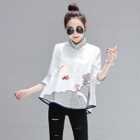 ReadyStock S-2XL Embroidery Blouse Vintage Pattern Loose White Korean Casual Tops Women Embroidered Shirt 3/4 Sleeve