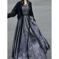 2023 Summer Improved Chinese Traditional Black Printed Hanfu Dress Two Piece Set Women Gothic Modern Halloween Cosplay Costume