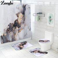 Marble Printing Bath Mat and Polyester Waterproof Shower Curtain Set Absorbent U-Shaped Toilet Rug Anti-slip Floor Carpet Set