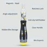 +【‘ Set Hidden CRV Bits Portable 13 In 1 Ratchet Screwdriver Adjustable Head Clear Handle Household Hardware Hand Tools Labor-Saving