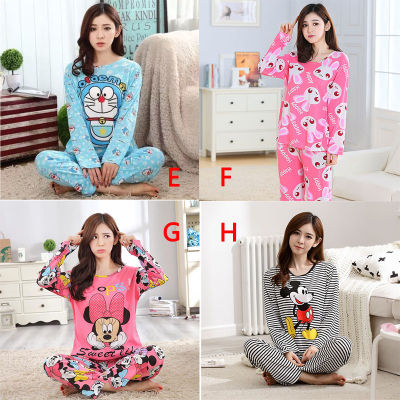 Women Perempuan Set Cute Cartoon Printed Baju tidur nigtwear long sleeve pyjamas Set