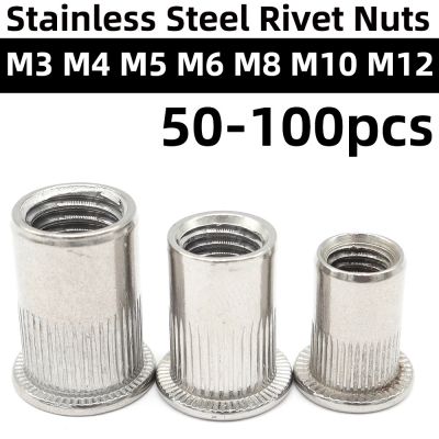 Stainless Steel Rivet Nut 50pcs 100pcs M3 M4 M5 M6 M8 M10 M12 Rivnut Flat Head Round Body Knurled Cap Threaded Riveted Nuts Nails Screws Fasteners