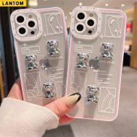 LANTOM  เคสโทรศัพท์กันกระแทก 3D Cute Bear สำหรับ iPhone 14 13 12 11 Pro Max XS XR X 8 7 Plus + SE 2020 เคสโทรศัพท์อ่อนนุ่มใสพร้อมเลนส์เต็มรูปแบบ