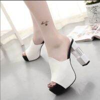 2022 Ladies Leather Sole Slippers Women Sexy High Heel Mules Black Peep Toe Platform Mules Sandals Shoes