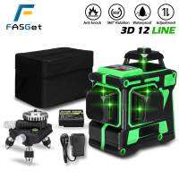 Fasget เครื่องวัดระดับเลเซอร์3D 12เส้นปรับระดับเองได้360แนวลำแสงเลเซอร์สีเขียวที่มีประสิทธิภาพสูงทั้งแนวนอนและแนวตั้ง