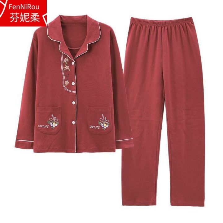 muji-high-quality-high-end-cotton-pajamas-for-women-in-spring-and-autumn-long-sleeved-cardigan-middle-aged-mother-plus-size-suit-casual-can-be-worn-outside-thin-section-autumn