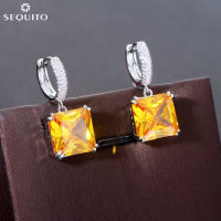 SEQUITO Delicate Micro Pave Cubic Zirconia ห่วงกลมขนาดเล็กพร้อม Square Yellow Topaz Drop Fashion Chic ต่างหูฝรั่งเศสสำหรับสุภาพสตรี SE592