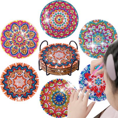 CHENISTORY 6Pcs/set Diamond Painting Coasters with Holder DIY Mandala Coasters Diamond Art Kits for Beginners Adults Kids