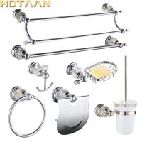 【jw】▪¤♘ Conjunto de acessórios para banheiro luxuoso cristal prata cromado latão polido fixação na parede produtos