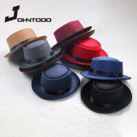 Father Uses Simple Faux Wool Mens Black Gentleman Flat Top Bowler Hat Concave Top Head Wearing Jazz Hat Bucket Hat Woman Cap