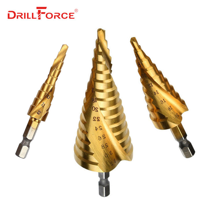 drillforce-3pcs-4-12-20-32mm-ดอกเจาะคว้าน-hss-ชุดเกลียว-grooved-center-core-ที่เจาะรูไม้-hex-เจาะกรวยไททาเนียมเจาะบิต