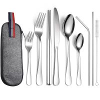 9Pcs/set Tableware Camp Cutlery Set Reusable Travel Utensils Set with stainless steel Spoon Fork Chopsticks Straw Portable Case Flatware Sets