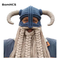 BomHCS Vikings Beanies Beard Horn Hats Handmade Knitted Caps Mens Women Birthday Cool Gifts Party