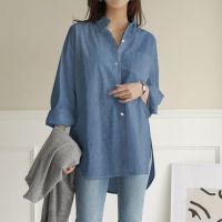 [COD] Border Fashion Shirts Womens Asymmetric Sleeve Blusas Down Bottoms