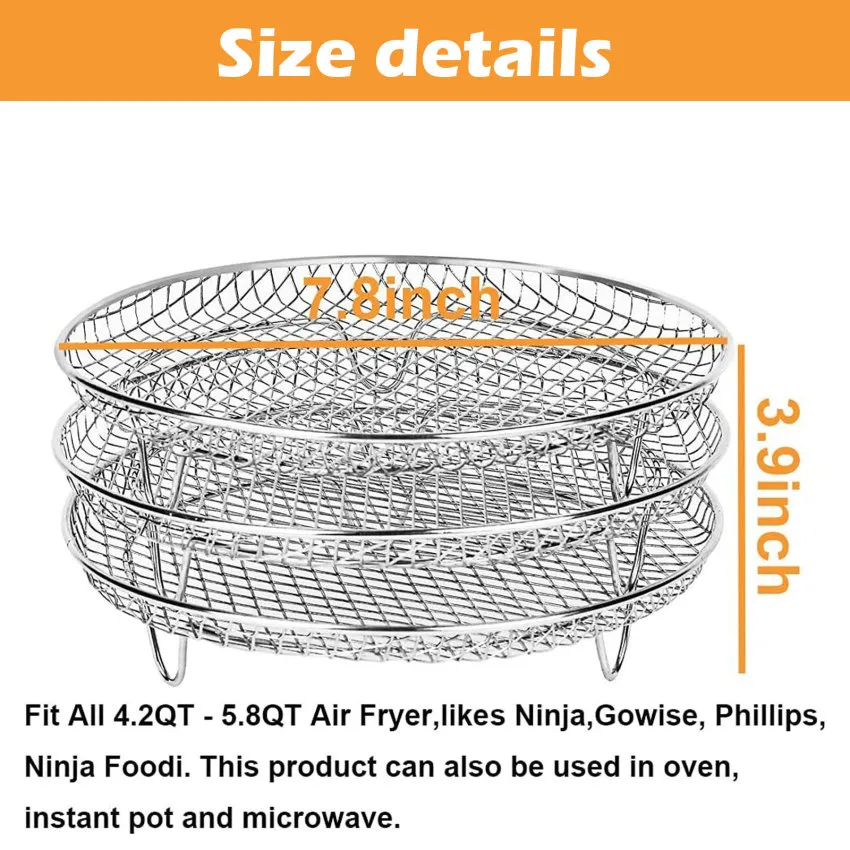 Deepened Air Fryer Rack 3 Pcs For , Stackable Round Air Fryer Accessories,  304 Stainless Steel Multi-layer Dehydrator Rack, Compatible With 4.8l-6.6l