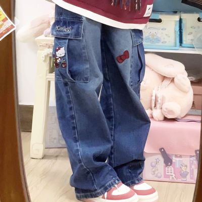 Sanrio กางเกงยีนส์ขายาวสำหรับผู้หญิงทรงหลวมสไตล์วินเทจสำหรับปักลาย Y2k Hello Kitty