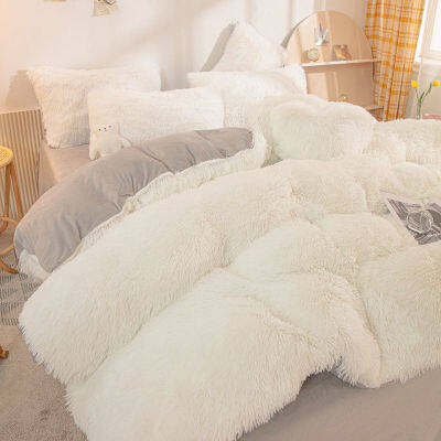 (ร้อน) หรูหรา4pcs Super shaggy Soft Coral fleece WARM COZY ชุดเครื่องนอน Mink กำมะหยี่ผ้านวมผ้านวมชุดผ้าคลุมเตียงผ้าห่ม