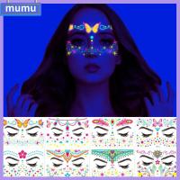 MUMU 8PCS กันน้ำกันน้ำได้ สติกเกอร์รอยสักชั่วคราว เครื่องสำอางสำหรับแต่งหน้า เรืองแสงในที่แคบ สติกเกอร์รอยสักเรืองแสง ตลกๆ การเปล่งแสง สติกเกอร์ใบหน้าเรืองแสงนีออน เทศกาลดนตรีเทศกาล