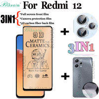 BLKNAIM (3-In-1) สำหรับ Redmi 12ฟิล์มเซรามิกเคลือบแบบเต็มหน้าจอ + ฟิล์มป้องกันกล้อง + ฟิล์มคาร์บอนไฟเบอร์3D มาสก์หน้าด้านหลัง