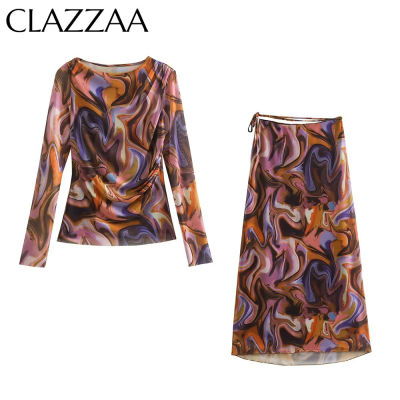 Clazzaa Women Fashion 2 Piece Sets Printed Mesh Blouse &amp; Vintage  High Elastic Waist Skirt Female Office Lady Skirts Suits