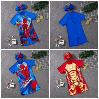 ✸ Summer Baby Boys Cartoon Spiderman Iron Man Print Swimwear Swimming One Piece Swimsuit Caps Sets Beachwear Girl Clothes 2 8T