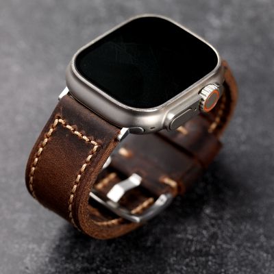 Gelang jam tangan kulit sapi Italia buatan tangan untuk jam tangan Apple 49mm 45mm iwatch8ultra ringan coklat betis tali kulit pria tebal
