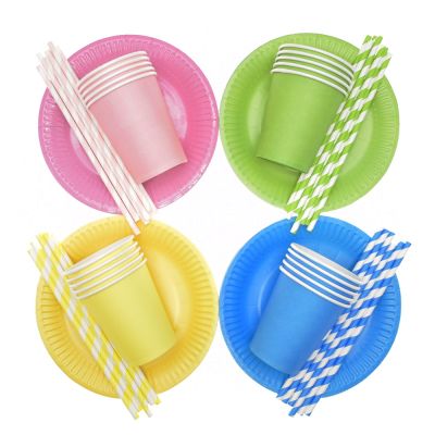 【CW】♙◕  pink blue Plates Cup Paper Straws Disposable Tableware Set tablecloth Supplies Wedding Decorations Adult Favor