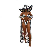 3 Piece Bikini Set Sexy Beach Cloak Fashion Striped Bathing Suit Women Summer Low Waist Stretch Swimwear Wholesale Dropshipping