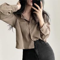 Spot parcel post Simple temperamental all-match polo Collar Single-Breasted Loose Casual Solid Color Long Sleeve Short Shirt Top Women Hong Kong Style Autumn