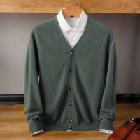 100% Wool Cardigan Mens New Casual Knit Jacket V-Neck Loose Large Size Top Wild Warm Shirt Spring Autumn Youth Cashmere Sweater
